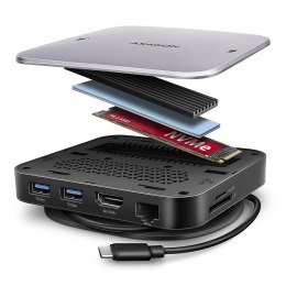 AXAGON HMC-UFO Wieloportowy hub USB 9in1, 10Gbps, 2x USB-A, HDMI 4K/60Hz, M.2 NVMe/SATA, audio, PD 100W, SD/microSD, GLAN, 65cm USB-C k