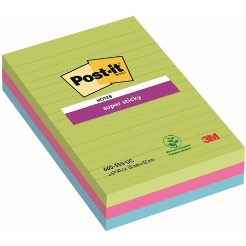 Karteczki Post-it Super Sticky 102x152mm (660-3SS-UC) w linie 3 kolory (3x90)