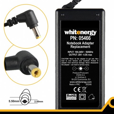 Whitenergy Zasilacz 05466 20V | 4.5A 90W wtyk 5.5*2.5 mm