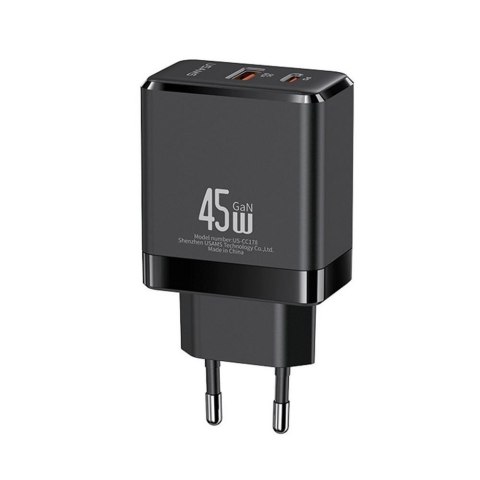 Ładowarka sieciowa Usams US-CC178 45W GaN 1xUSB-C + 1xUSB PD 3.0 QC 3.0 bez kabla - czarna