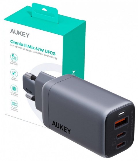 AUKEY PA-B6U OmniaMix II GaN ładowarka sieciowa 3xUSB (2xUSB C + 1xUSB A) 67W QC PD AFC SCP PPS UFCS